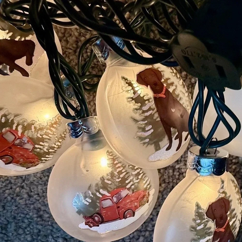 Chocolate Labrador Christmas String Lights Hand Painted Glass Red Truck Dog